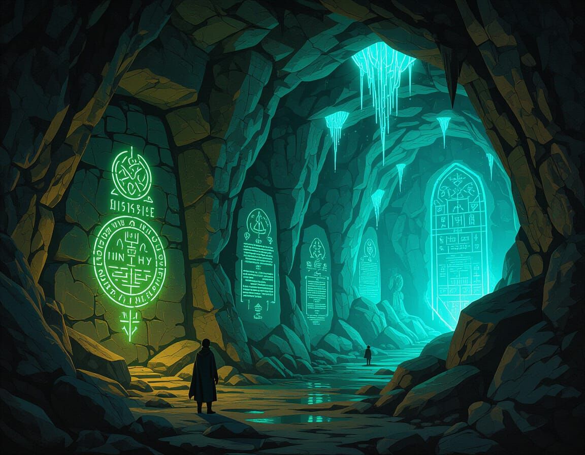 Mystical Runestone Cave System with Glowing Runes