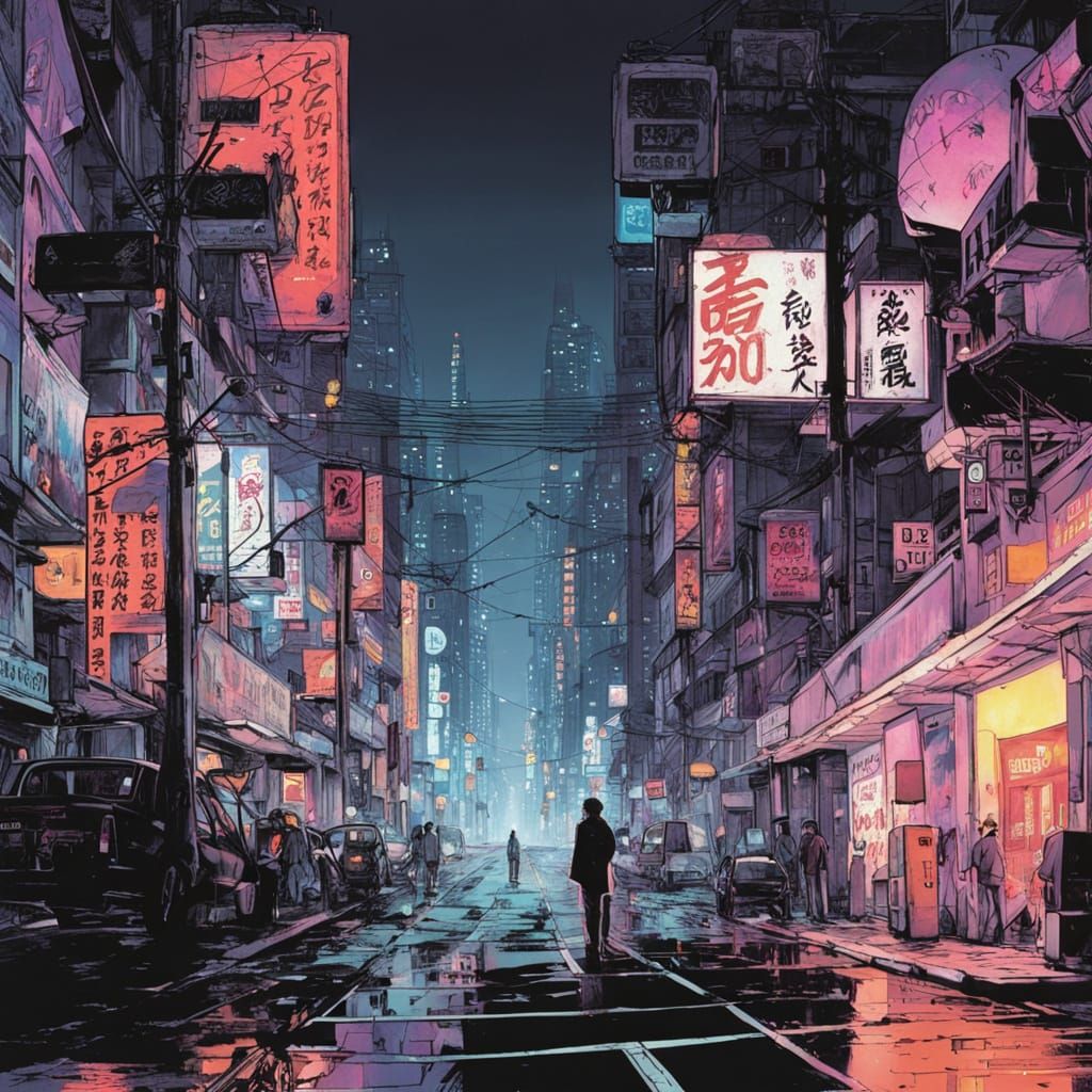 Cyberpunk Cityscape at Dusk with Lone Cybernetic Figure