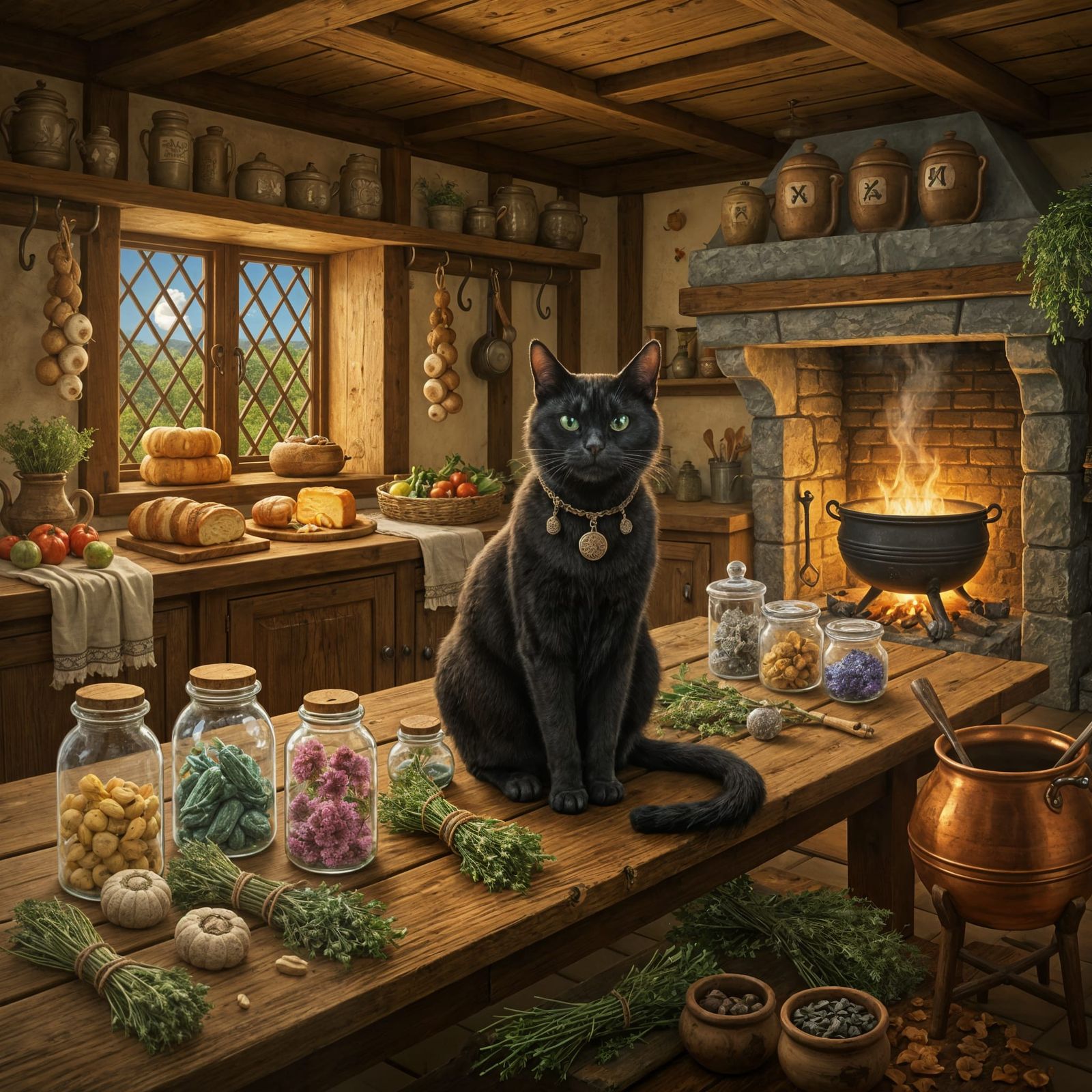 Confident Black Cat in Witch's Cottage, Folk Art