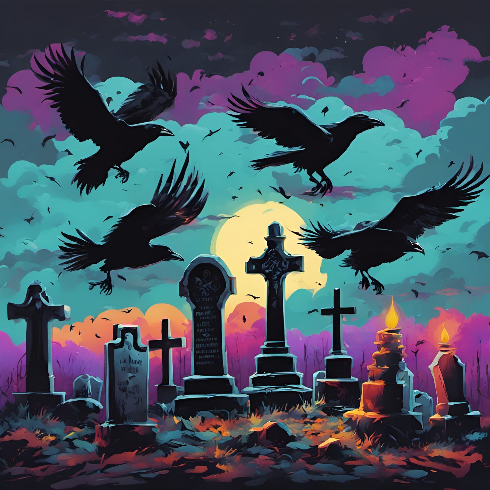 Night Cemetery Ravens in Graffiti Art Style