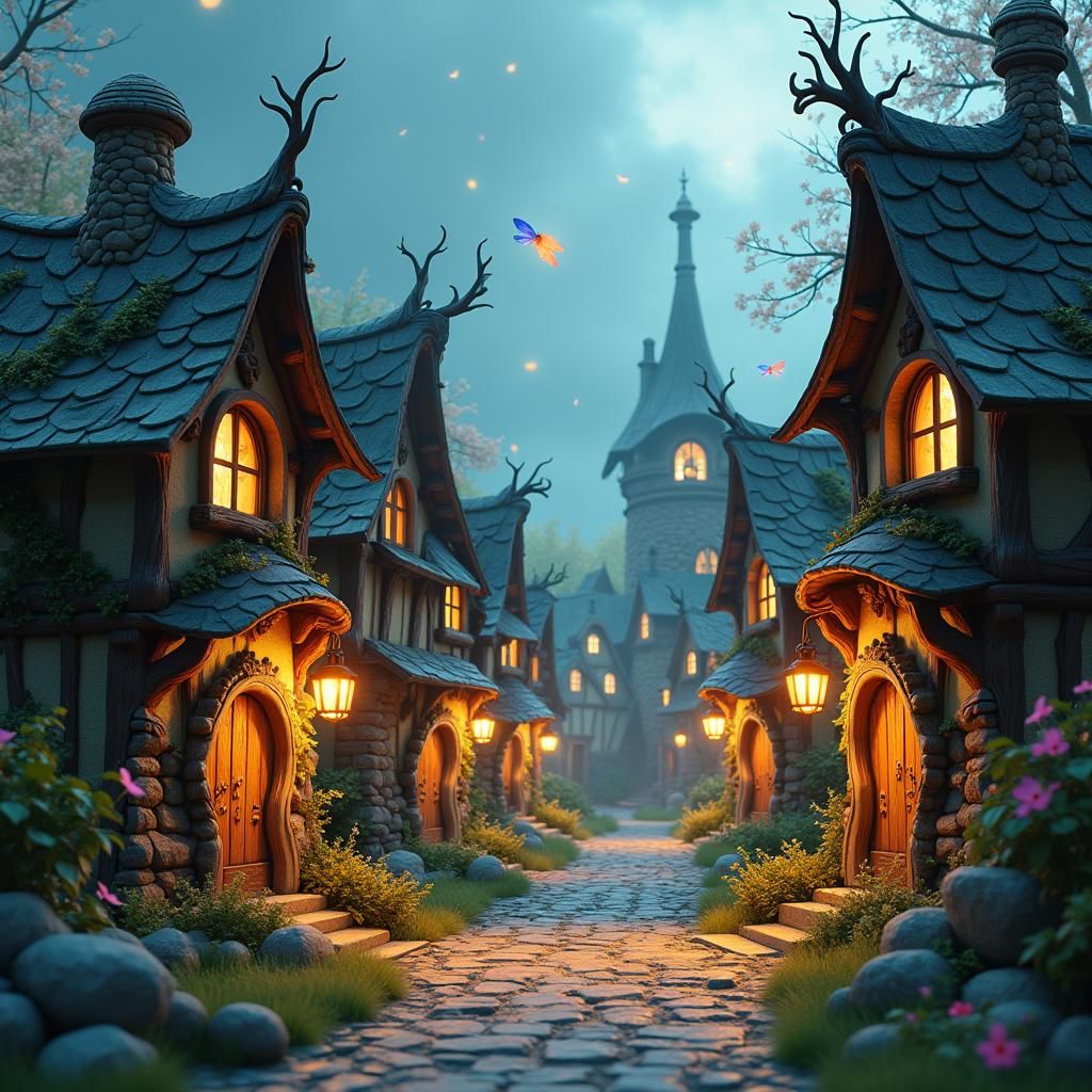 Gnome Village with Fairies in Storybook Setting
