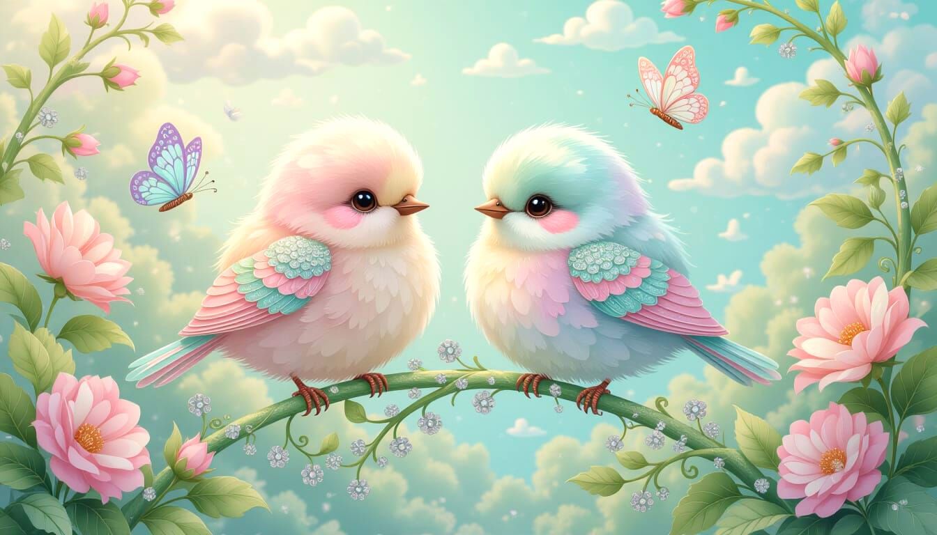 Pastel Birds Butterflies Stitch Art on Glittering Branch