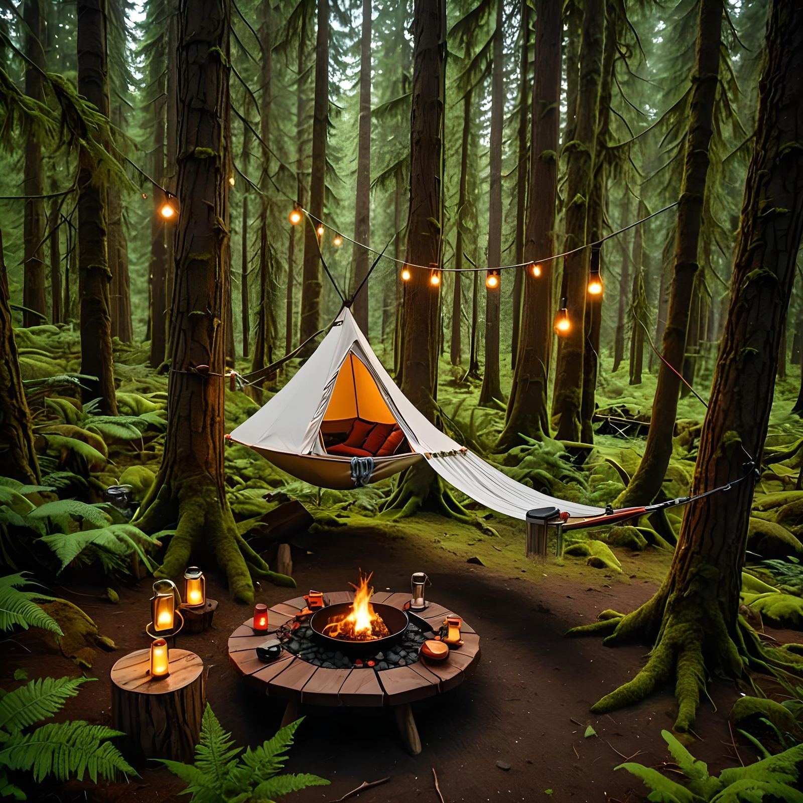 Idyllic Hammock Glamping in Pacific Northwest Forest