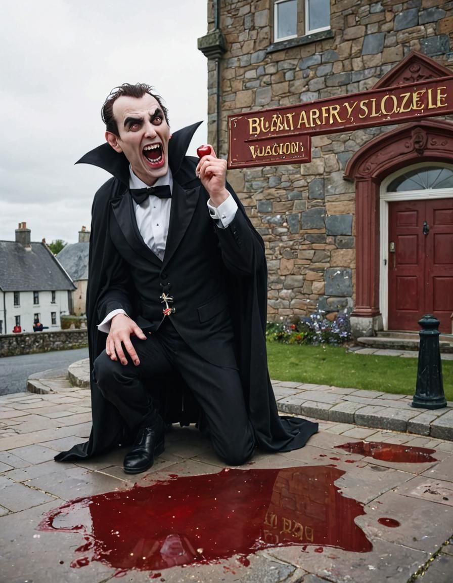 Extreme wide shot of (one traditional cartoon vampire:5.0) with pointy fangs, wearing a black tuxedo and a cape, laughin...