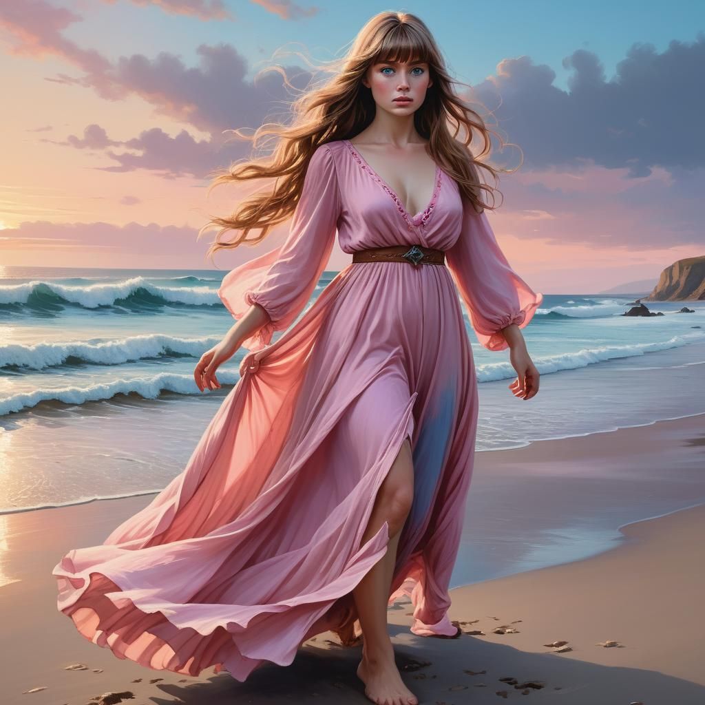 Sunset Sorceress in Flowing Pink Dress