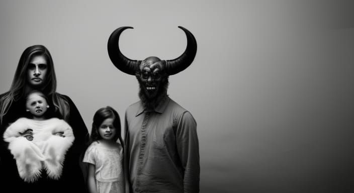 Eerie Family Portrait in Haunted House, Black and White