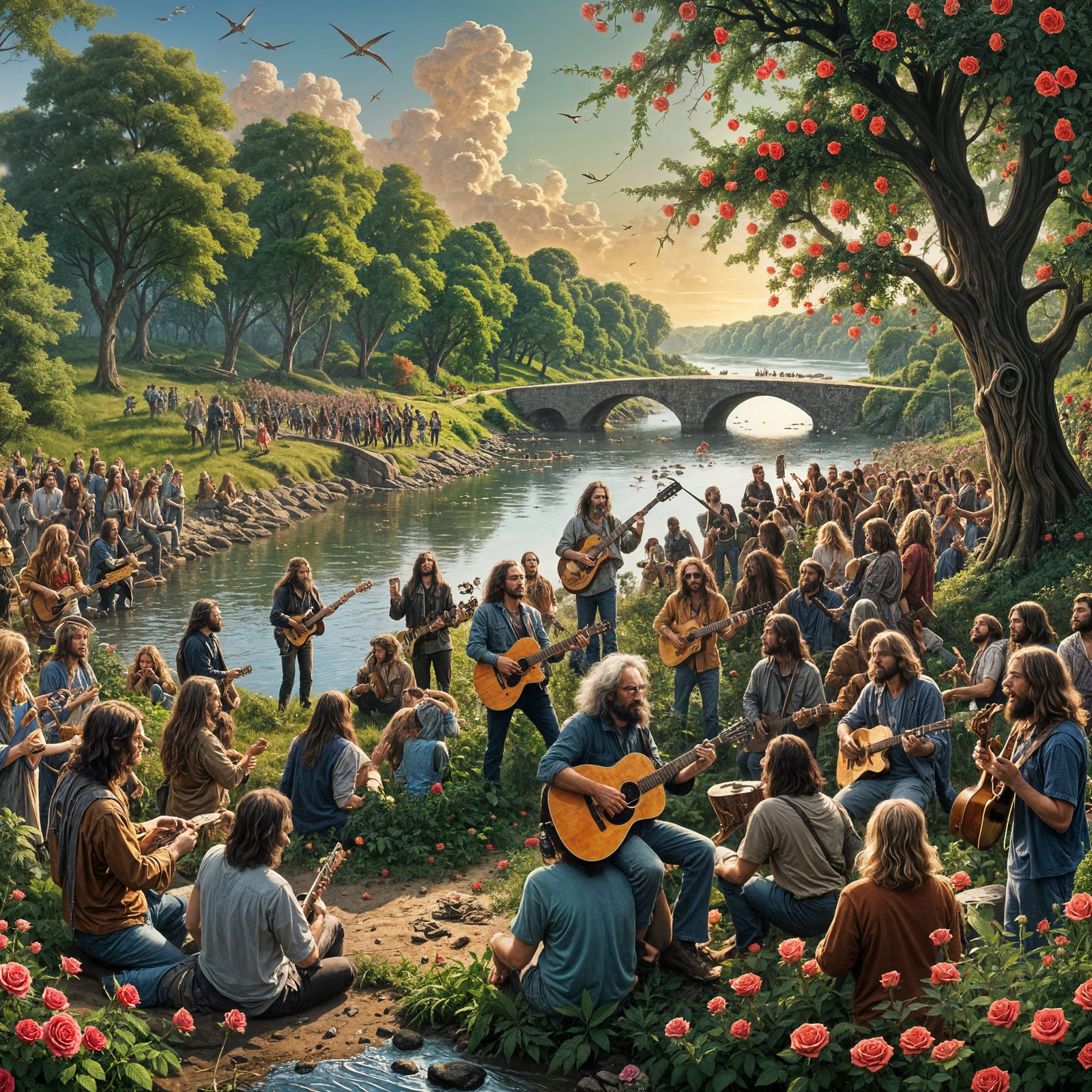 Hyperrealistic Hippie Gathering at Riverbank with Rainbows