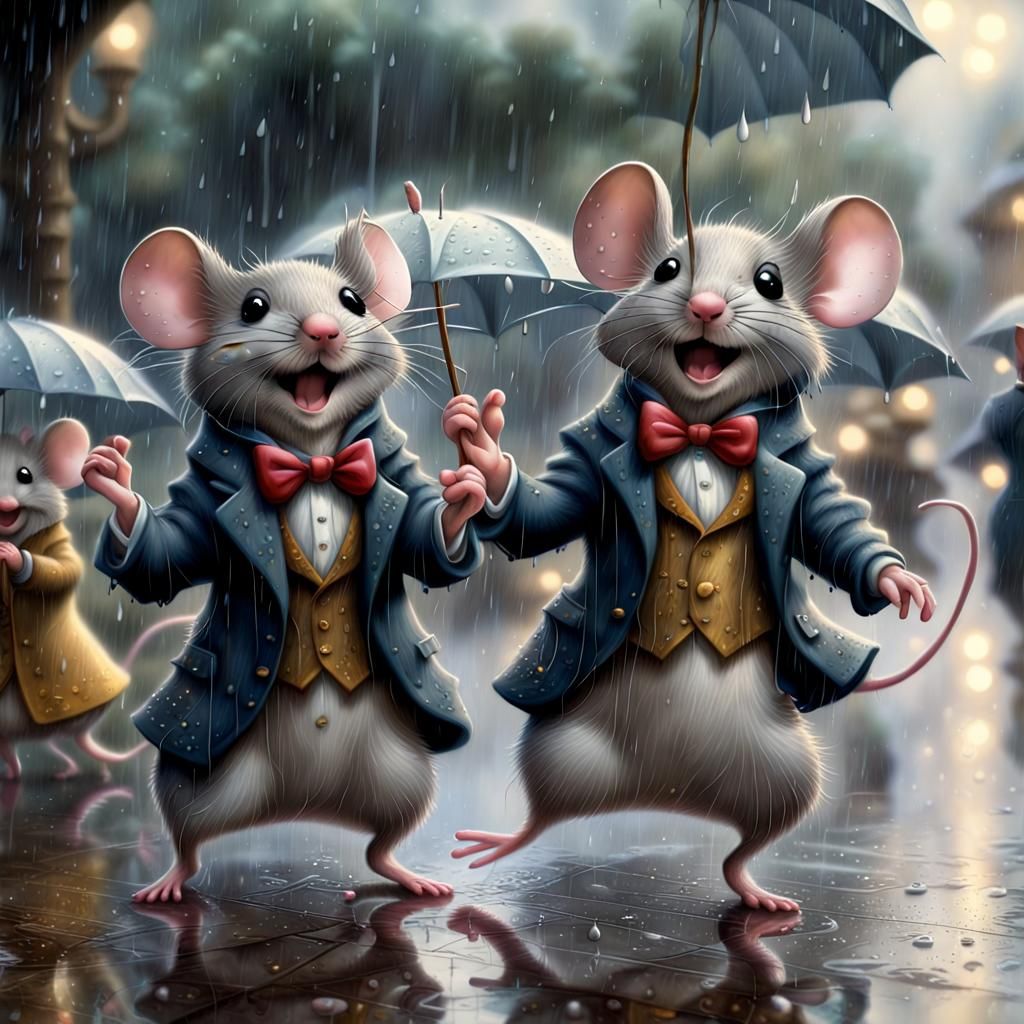 Mice Dancing in Rain, Hyperrealistic Fantasy Art