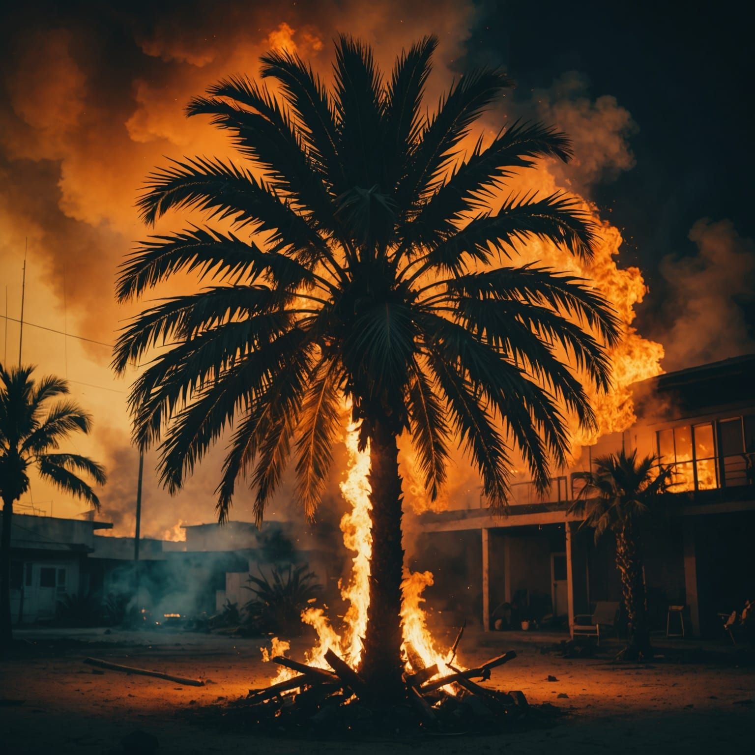 Burning Palm Tree in Cinematic Style