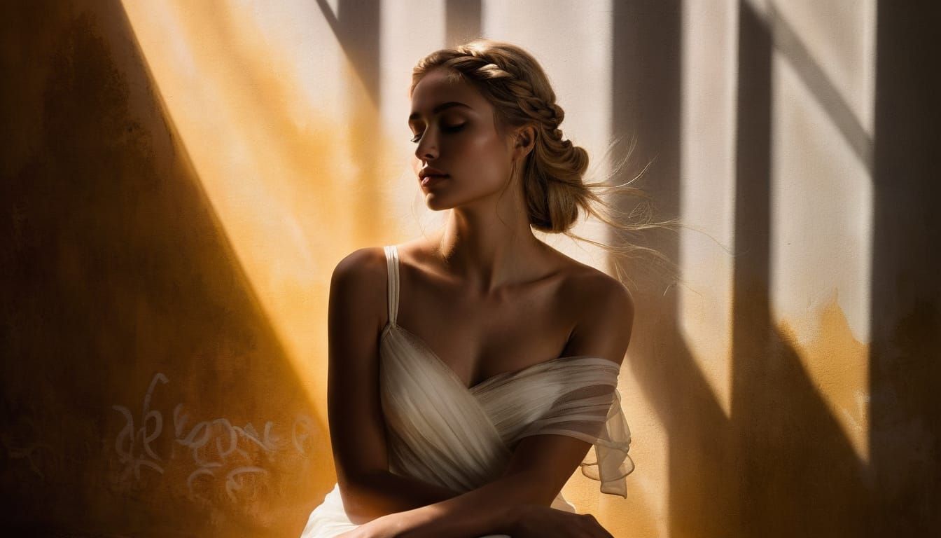 Contemplative Woman in Rembrandt-Style Watercolor Illustrati...