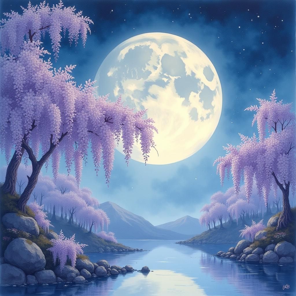 Wisteria Blooms Under Pale Moonlight: Ethereal Watercolor