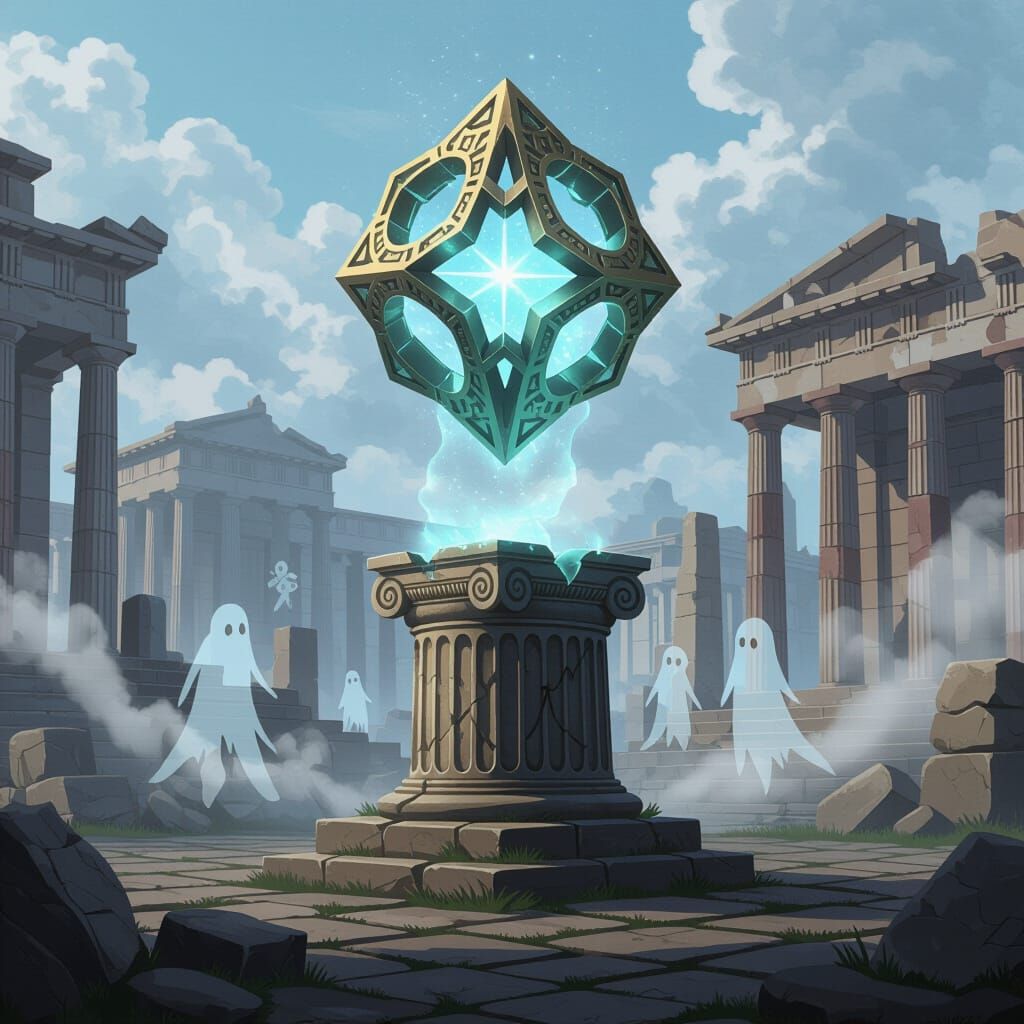 Mystical Artifact Above Greco-Roman Ruins in Anime Style