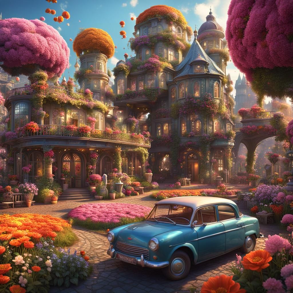 Flower city where everything is made from flowers