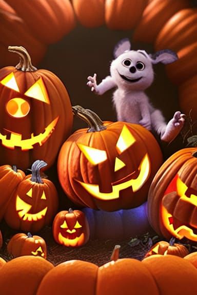 Halloween Pumpkin with Cute Glowing Creatures