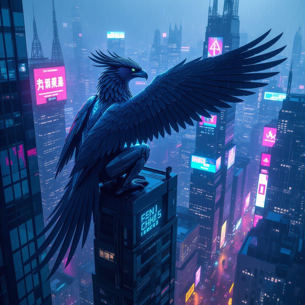 Cybernetic Griffin Overlooking Dystopian Cityscape