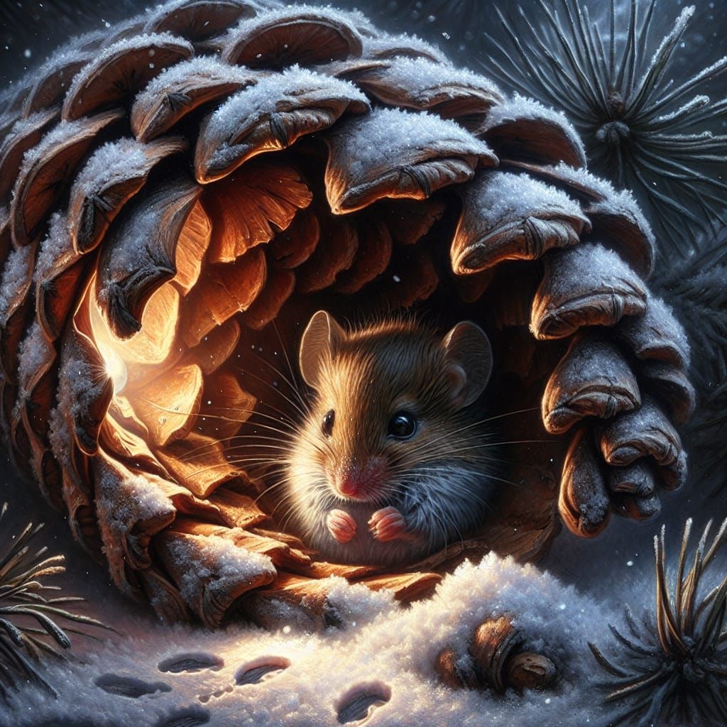tiny mouse curled up inside an old, hollowed-out pinecone