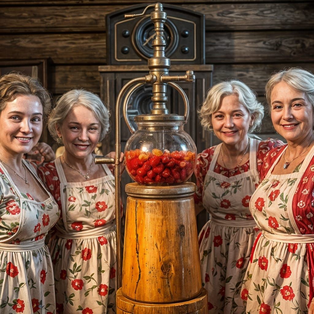 Vintage Ladies Enjoy Strawberry Jam Making Amidst a Retro Mu...