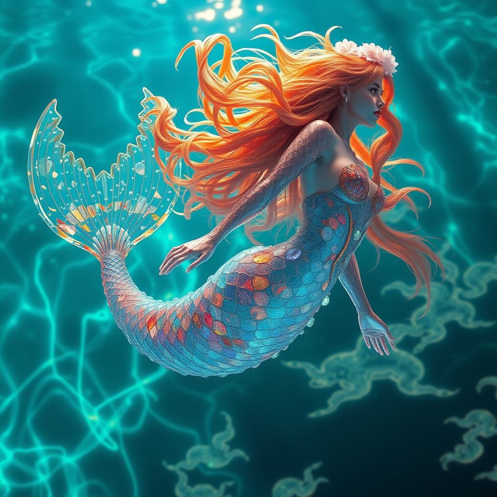Glass Mermaid in Shimmering Turquoise Water