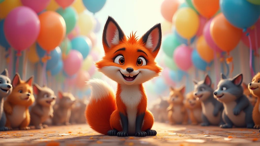 Cartoon Fox Hosting Balloon Quiz Game
