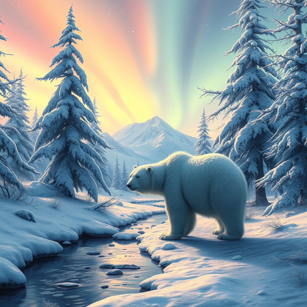 Crystalline Polar Bear in Winter Wonderland