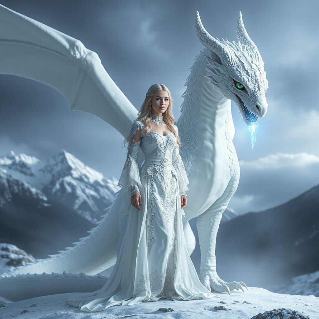 Dragon Goddess with White Dragon in Ethereal Style