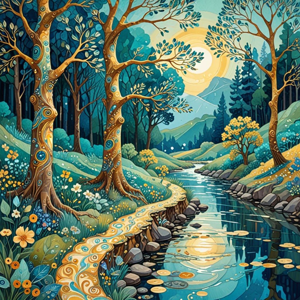 Whimsical Klimt-Inspired Landscape with Filigree Details