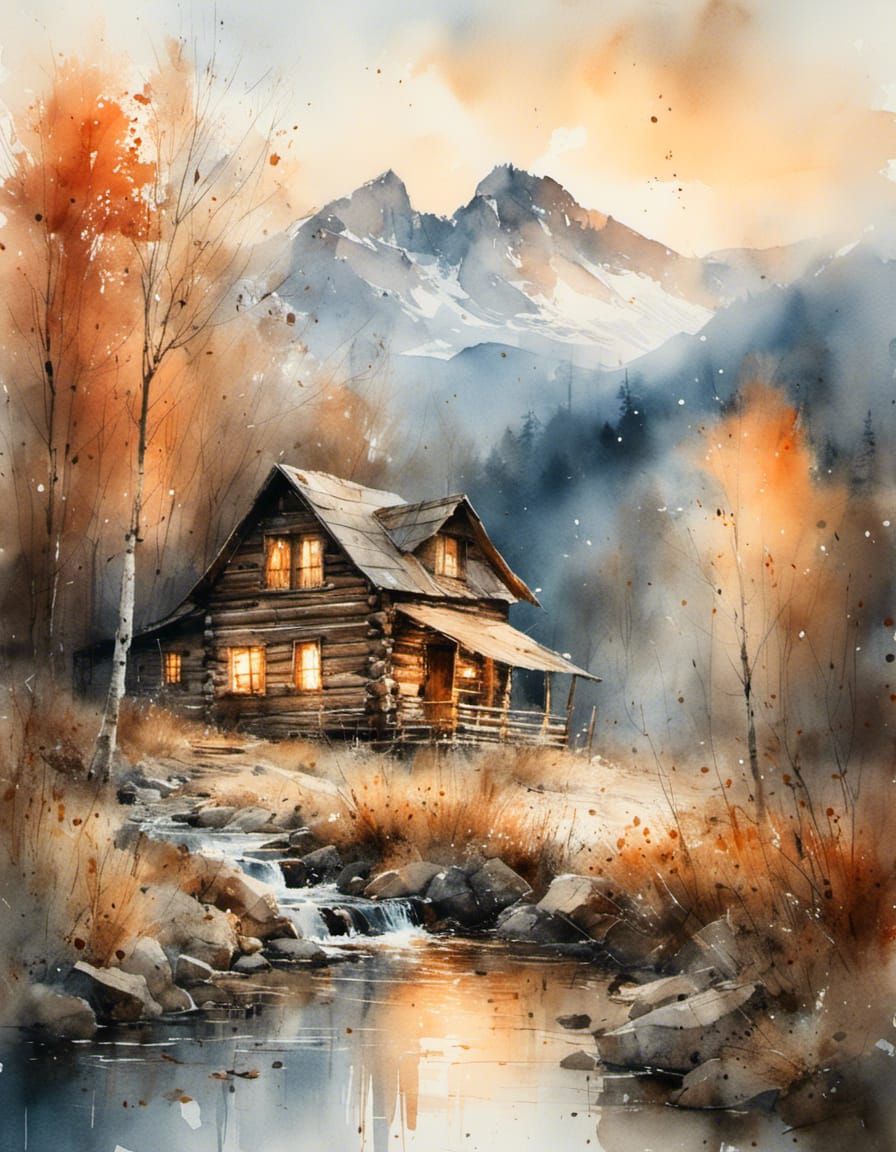 Watercolor Log Cabin at Sunrise by Mountain Stream