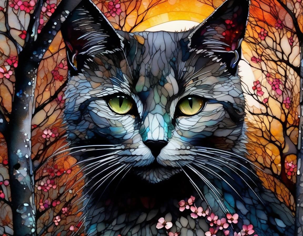 Grey Cat in Dogwood Tree, Alcohol Ink Art
