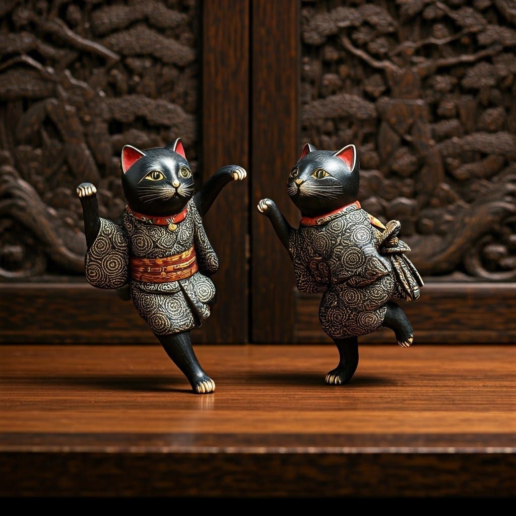 Dancing Netsuke Cats: Intricate Conceptual Art