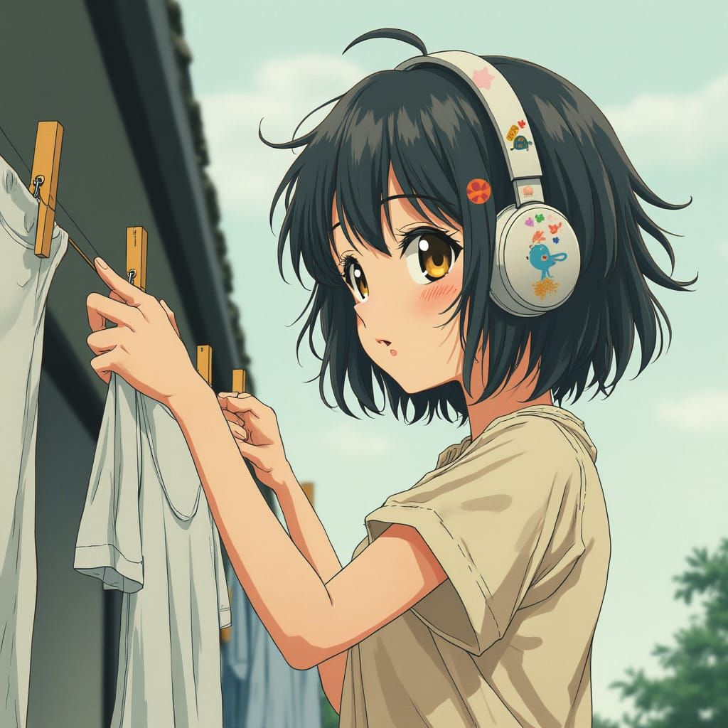 Anime Girl Hanging Laundry with Retro Headphones