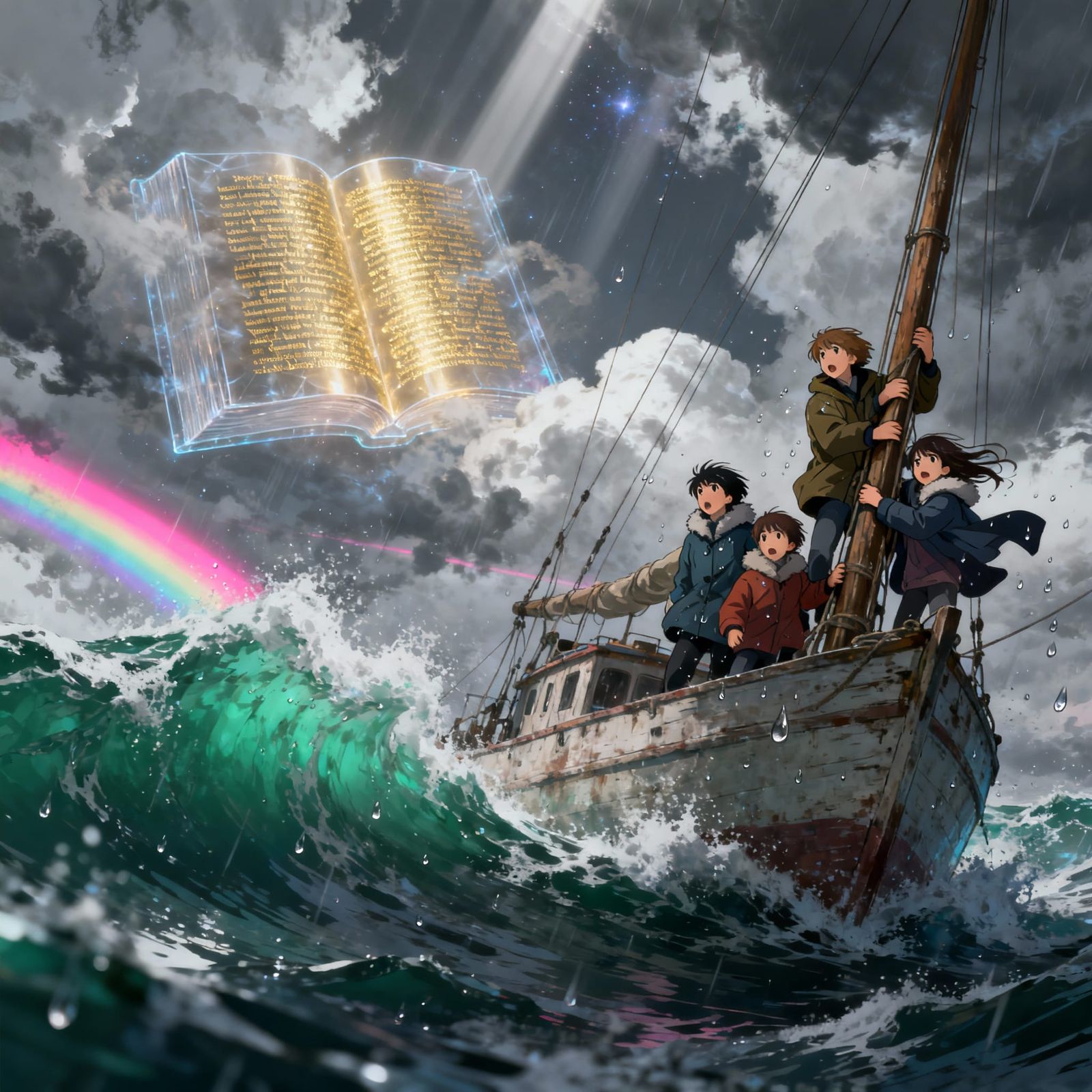 Family Navigates Stormy Seas Under Rainbow and Bible