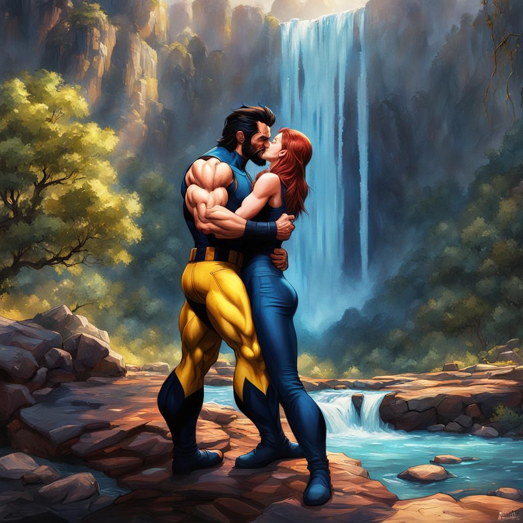 Wolverine and Jean Grey Kiss in Waterfall Painting