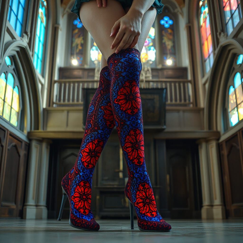 Stained Glass Thigh-Highs in Gothic Setting