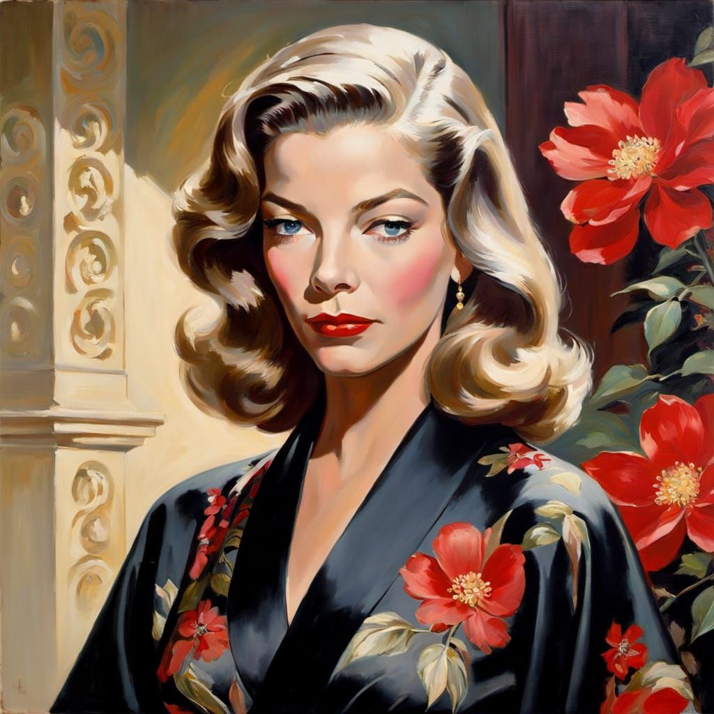 Lauren Bacall in Silk Kimono Oil Painting