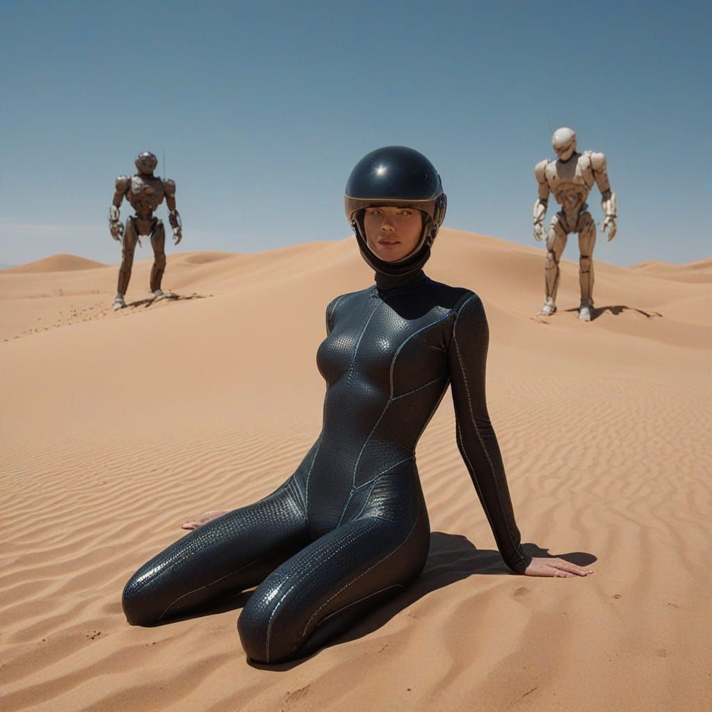 Sci-Fi Leader With Robots in Desert, Hyper-Detailed Style