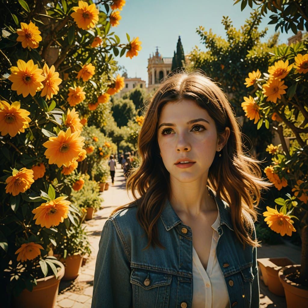 Anna Kendrick in a Vibrant Barcelona Garden, Captured in Cin...