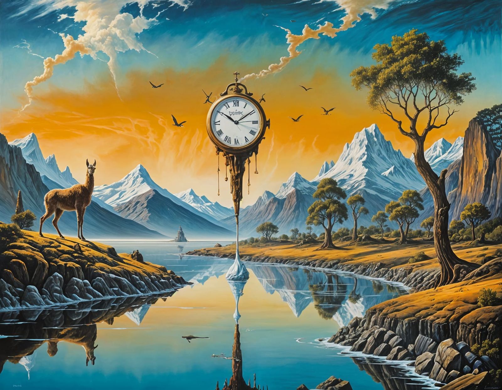 Surrealist Llama Melts Clock Rock in Skyward Gaze