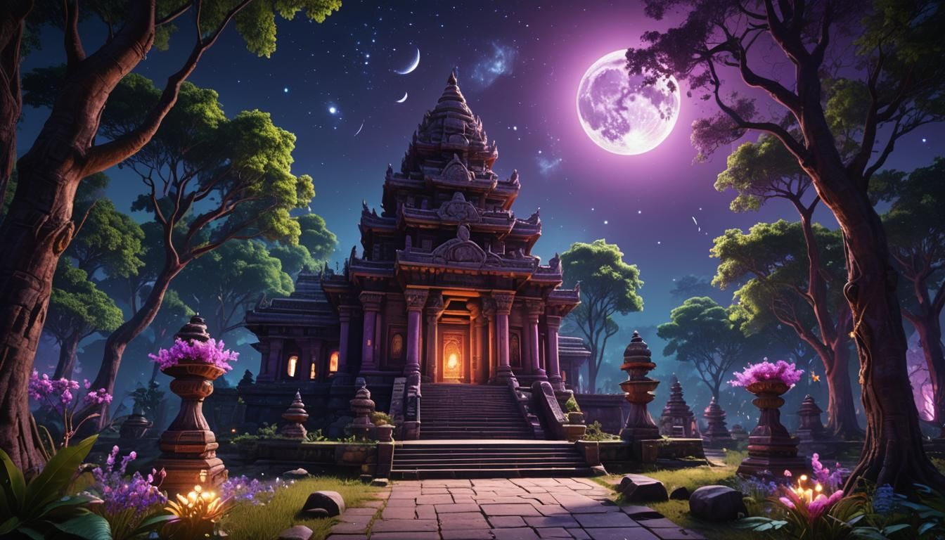 Mystical Indian Temple in Forest: 3D Neon Landscape