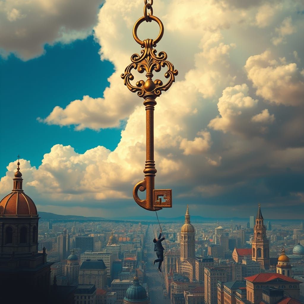 Surreal Cityscape with Giant Key and Aspiring Figures