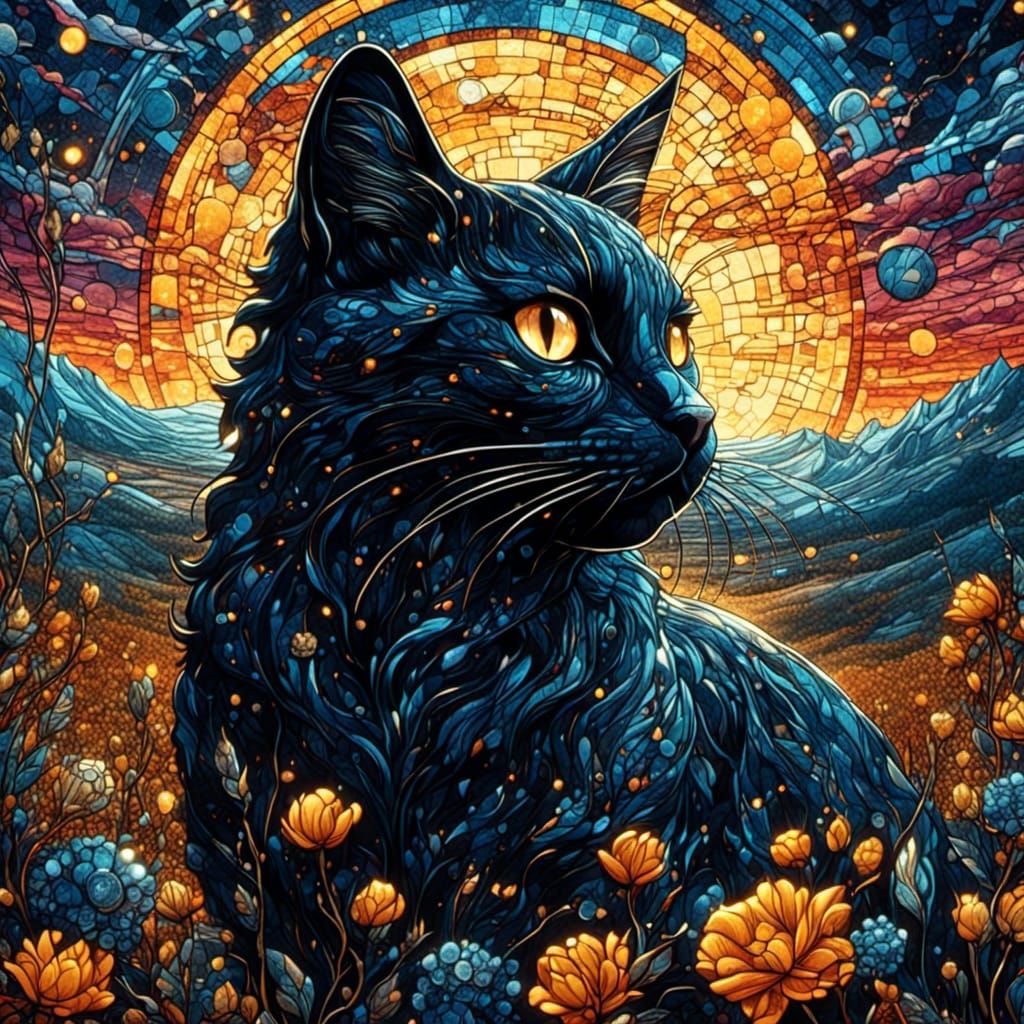 Black Cat Mosaic Portrait in Gothic Comic Style