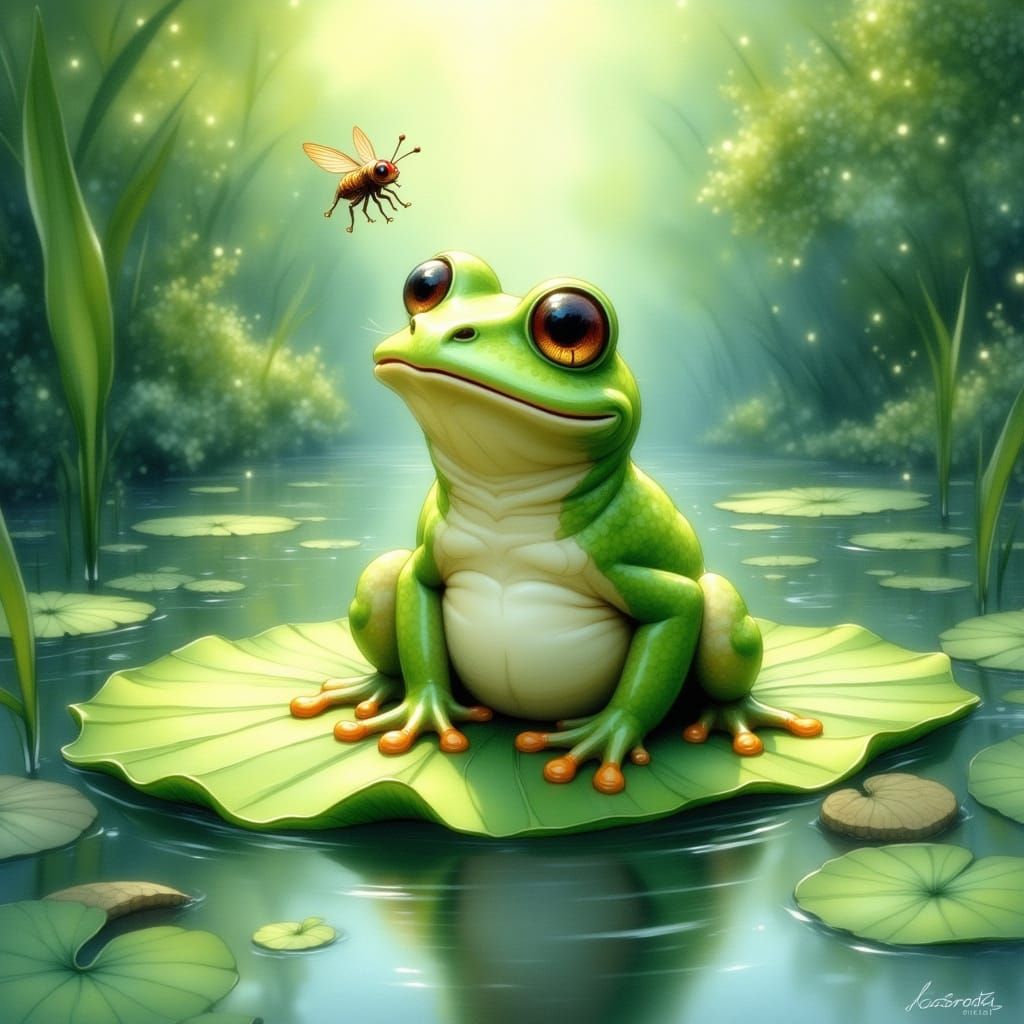Whimsical Frog on Lily Pad in Storybook Style