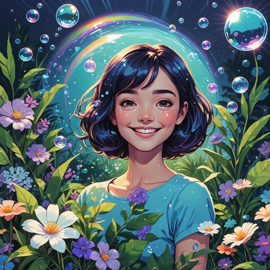 Pop Art Portrait of a Smiling Woman with Flowers