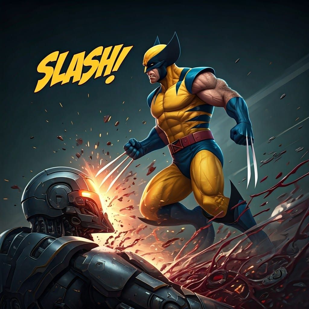 Wolverine Slashes Robot in Dynamic Anime Style