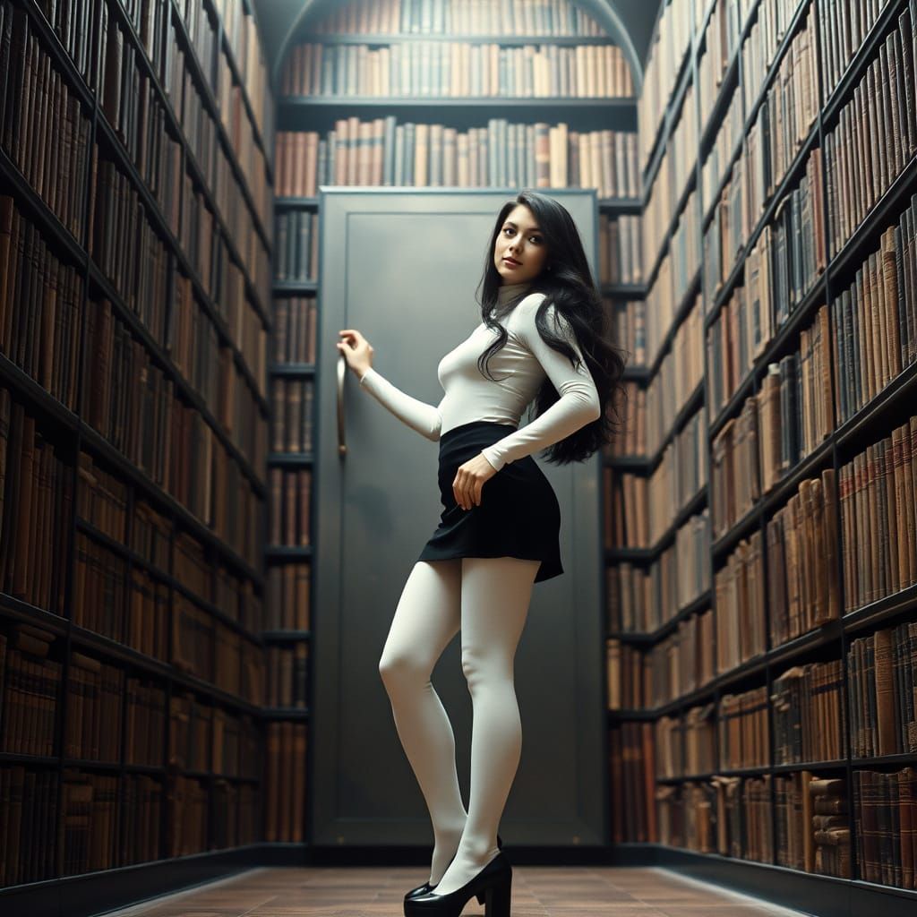 Woman Discovering Secret Door in Ancient Library