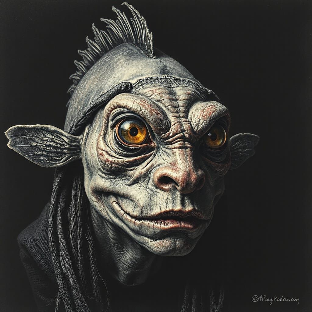 Eerie Fish-Human Hybrid Portrait in Gravure Style