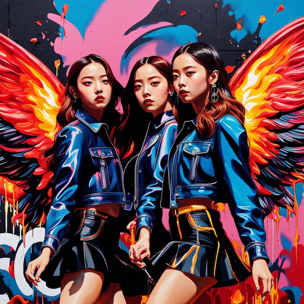 K-Pop Idols Dance with Fire Wings in Graffiti Art