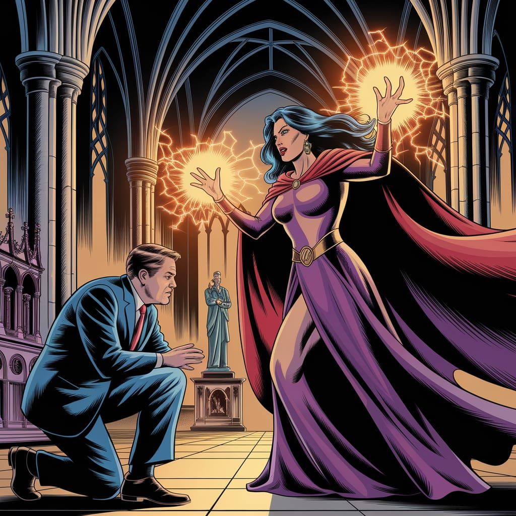 Sorceress Confronts Politician in Comic Book Style
