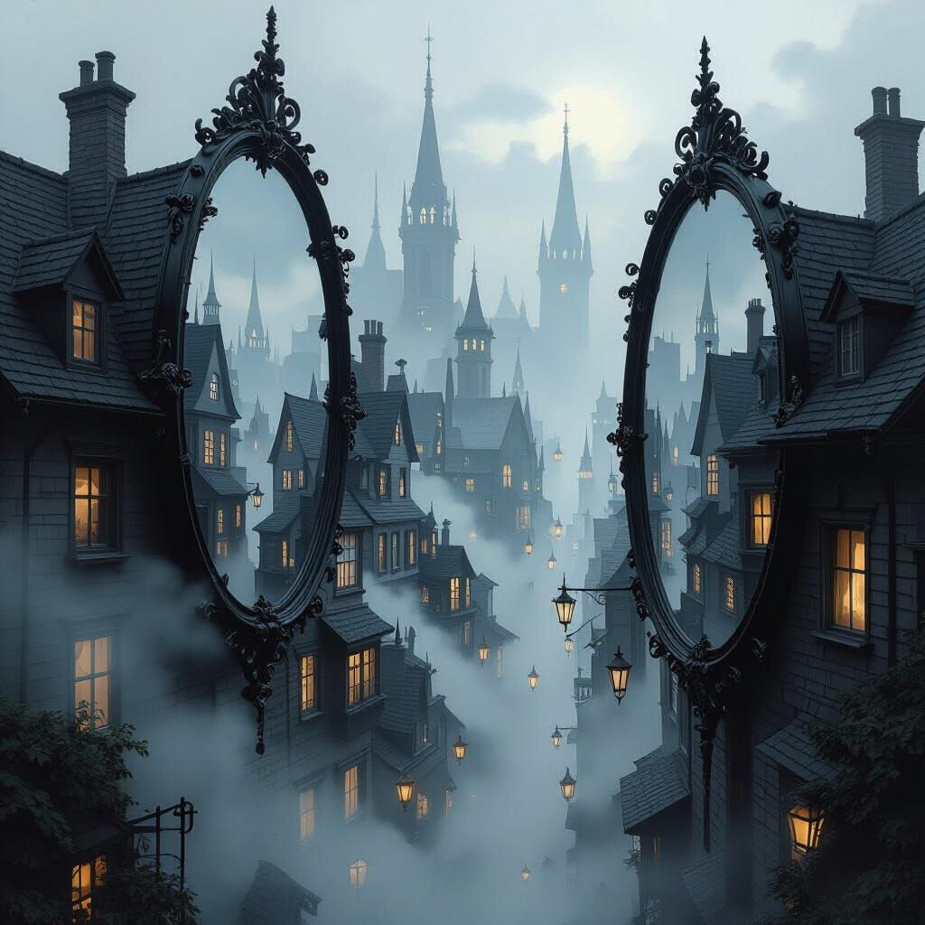 Eerie City of Mirrors Reflecting Dreamscapes
