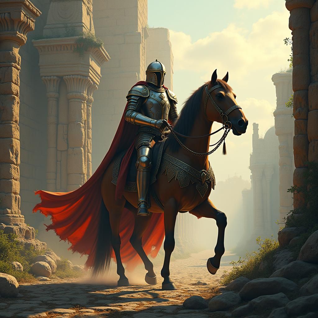 Knight on Horseback in Ancient City Ruins