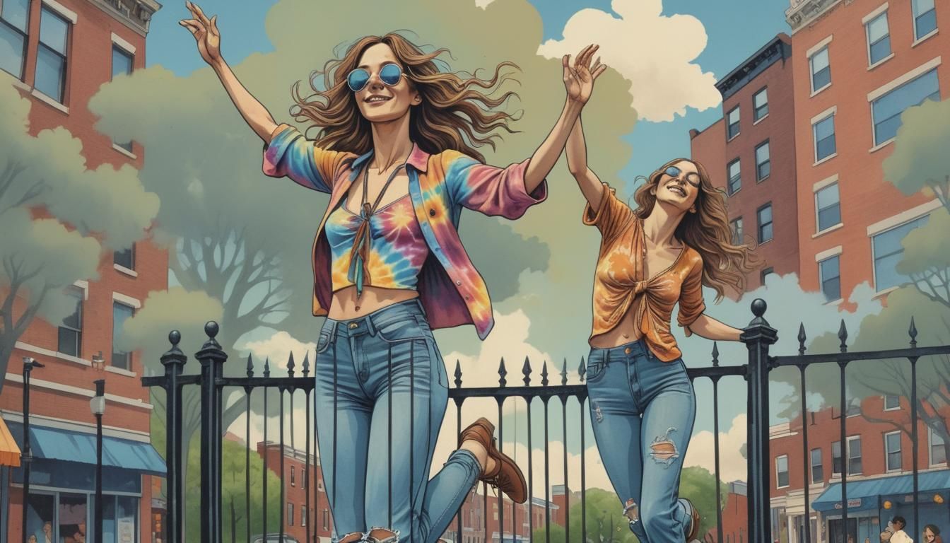 An Art Nouveau and Art Deco inspired illustration of a 1970s hippie woman in tie-dye and torn jeans performing a Grand J...